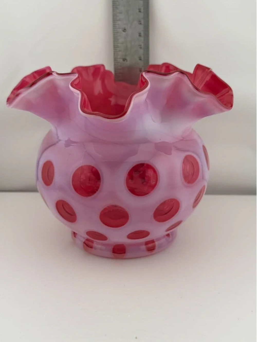 Vintage Fenton Cranberry Opalescent Coin Dot Ruffled Art Glass Vase